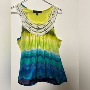 HEARTSOUL SLEEVELESS BLUE/GREEN/YELLOW/WHITE SIZE L  BEADED NECK TOP